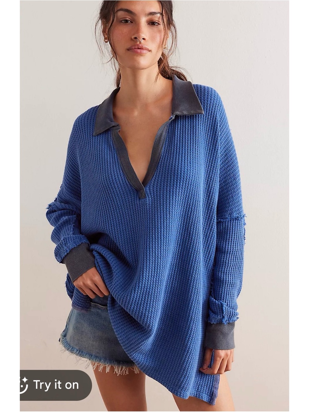 Waffle-Knit Collared Pullover Sweater - Blue